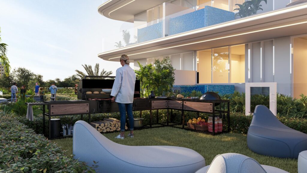 Luxury apartment balcony with private swimming pool overlooking lake views
